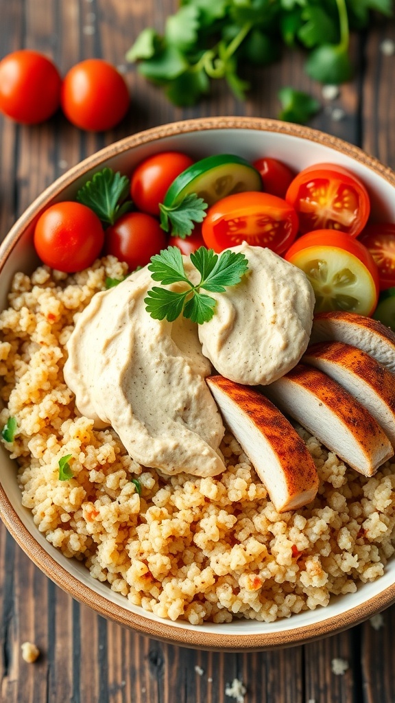 A quinoa chicken hummus bowl with grilled chicken, hummus, tomatoes, and cucumber, garnished with parsley on a wooden table.